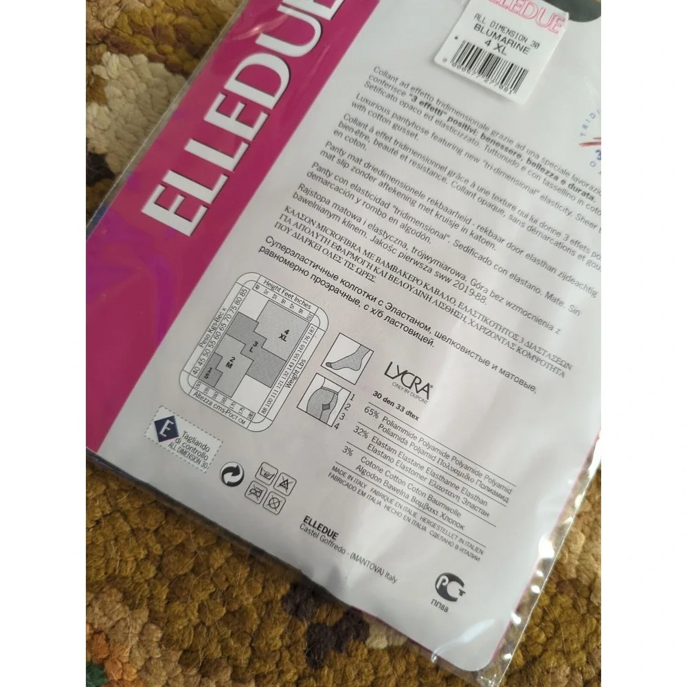 New‎ ELLEDUE 30 Denier Tri-Dimensional Pantyhose BluMarine Blue Size 4 XL